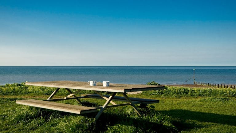 An image of two coffee cups on a picnic bench at Oval Field overlooking the blue sea on a sunny day