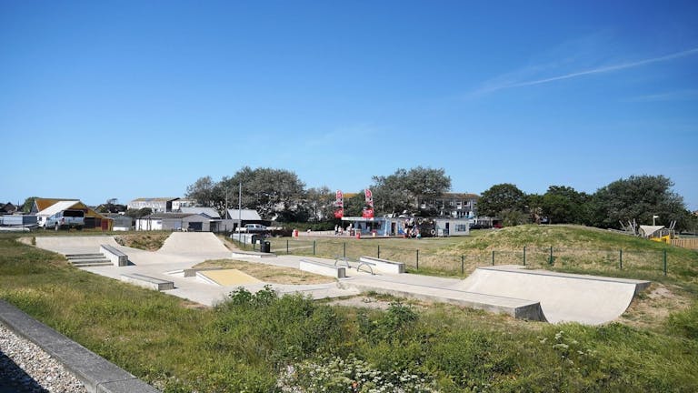 East Beach Skate Park and BMX Track with Grind Boxes and Angled Half Pipe