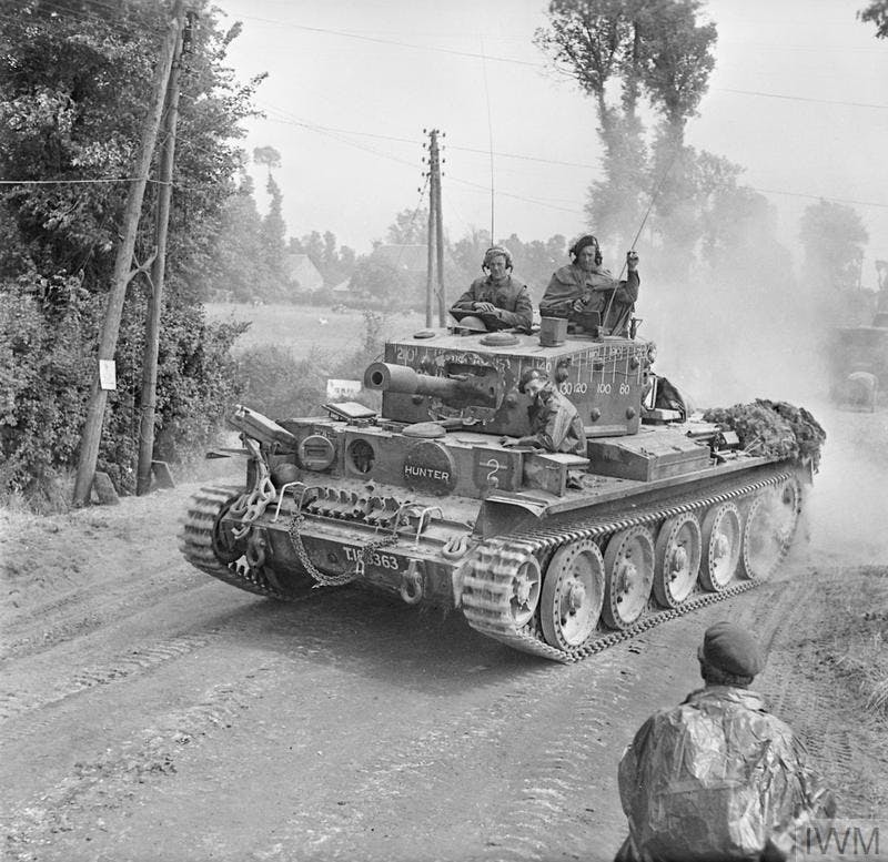 Black and white photo of Centaur IV tank with 95mm howitzer of 'H' Troop, 2nd Battery, Royal Marine Armoured Support Group, 13 June 1944  