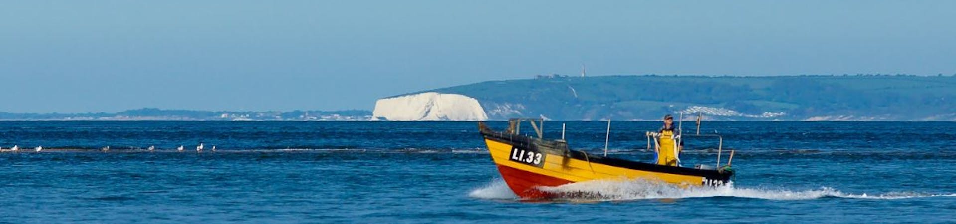 White cliffs onthe Isle of Wight in the background behind a yellow fishing boat