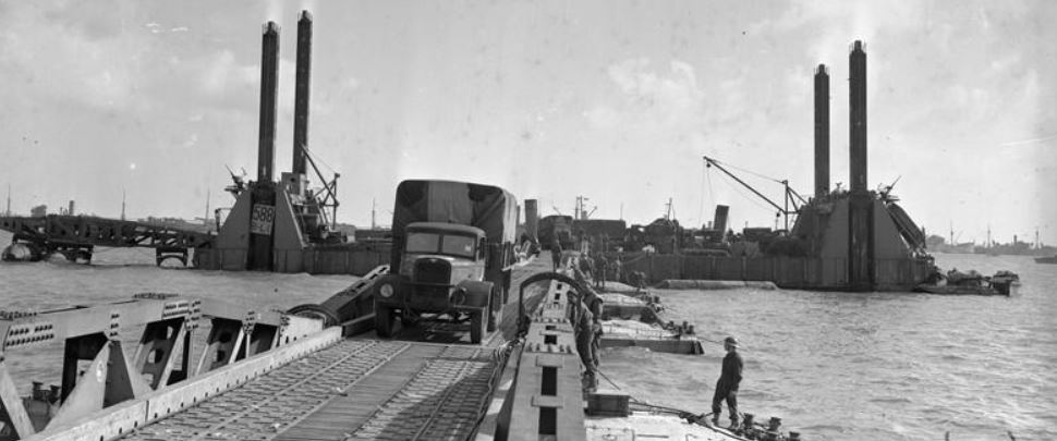A wartime shot of the Mulberry Harbour Port off the coast of France