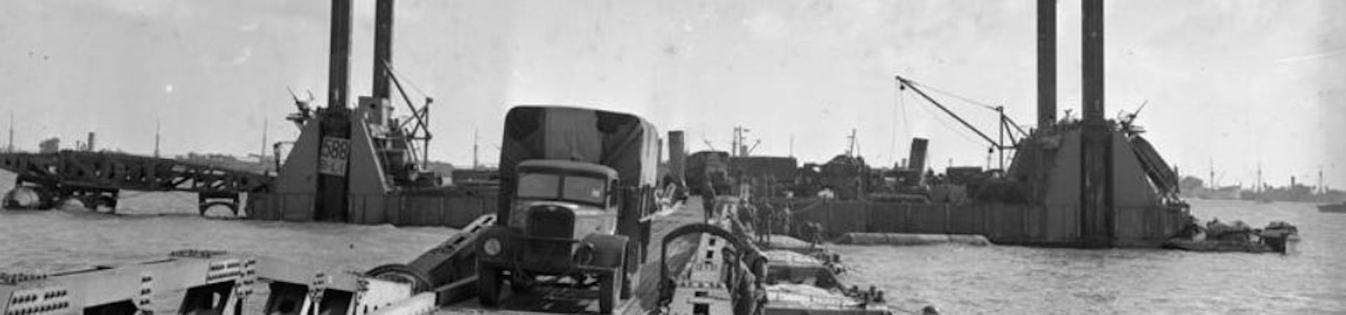 A wartime shot of the Mulberry Harbour Port off the coast of France