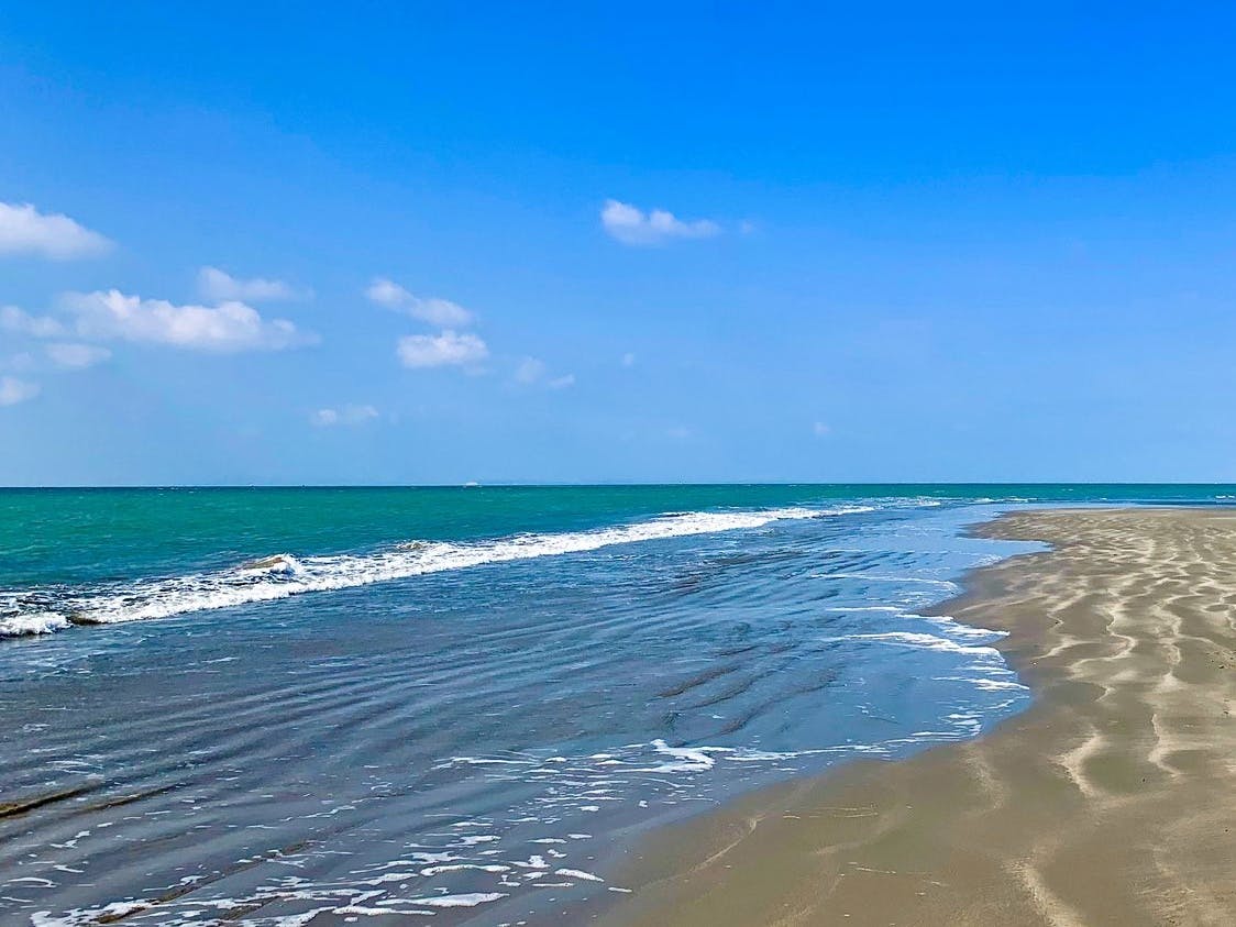 The sea, sky and sand at Oval Field Beach at low tide 