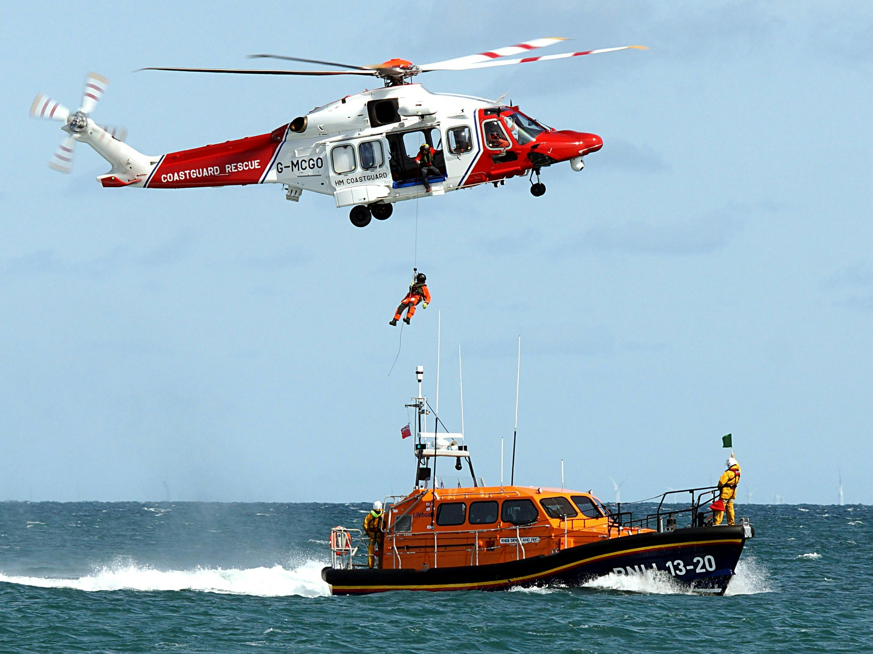 Coastguard helicopter hovering over the lifeboat during a manouvre 