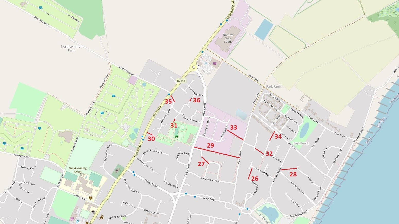 Map showing numbered footpaths in Selsey