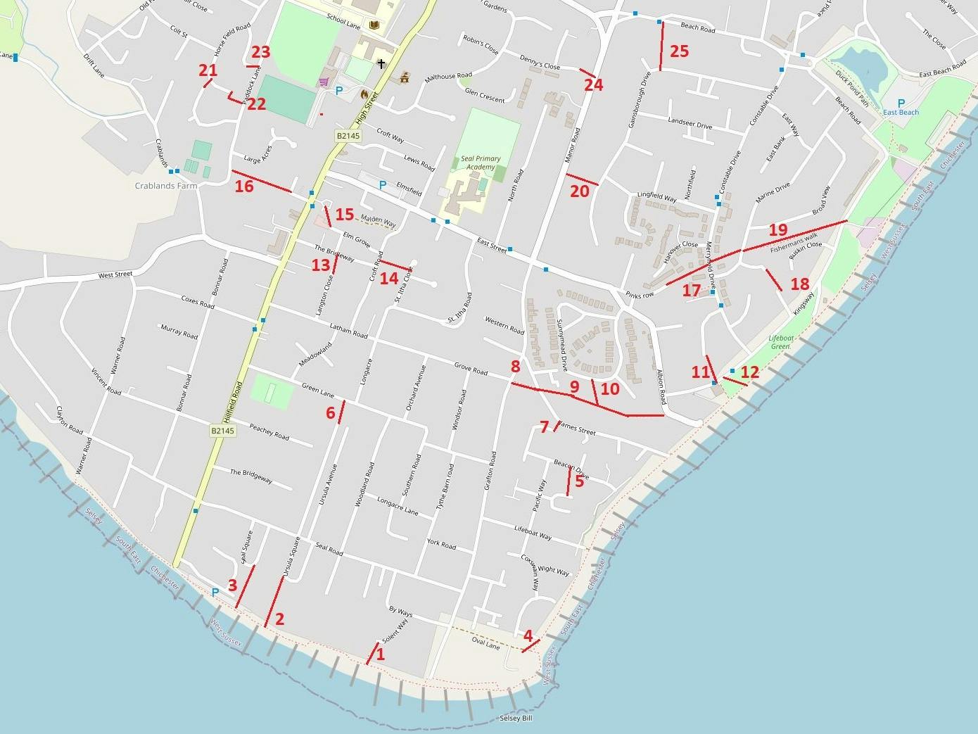 Map showing numbered footpaths in Selsey