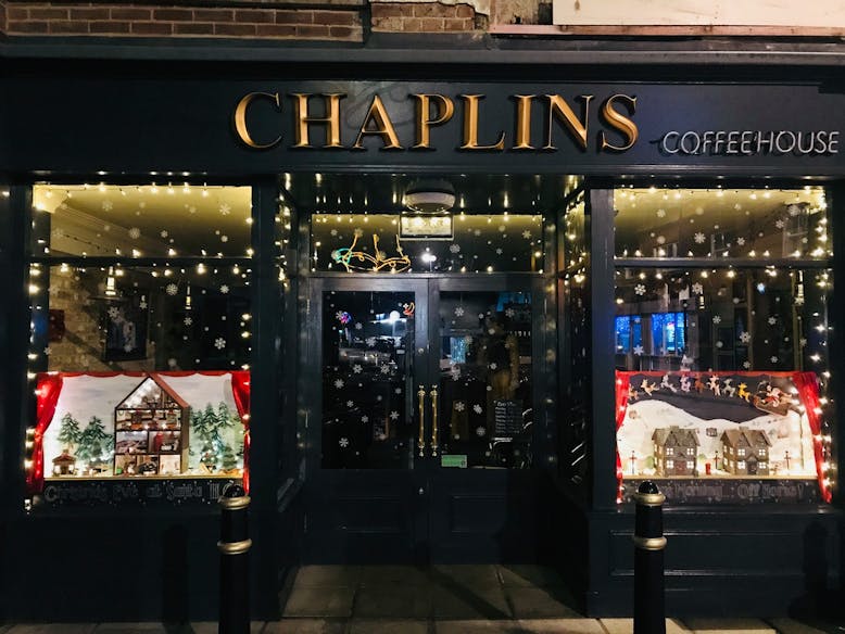 Chaplins Coffee House, courtesy of Chaplins Front entrance to Chaplins Coffee House in Selsey dressed up for Christmas