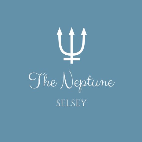 Logo for the Neptune pub, a white trident and the words The Neptune Selsey