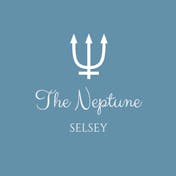 Logo for the Neptune pub, a white trident and the words The Neptune Selsey