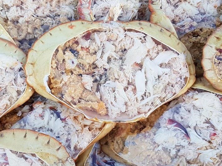 A group of dressed crab ready to be eaten 