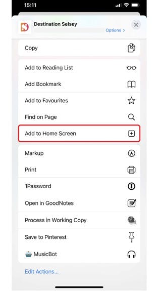 Image shows a mobile screen with the 'Add to Home Screen' Highlighted