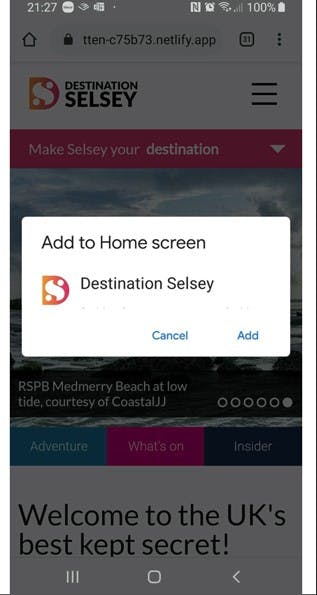 Screen shot of an Android phone with the command to 'Add to Home screen' command