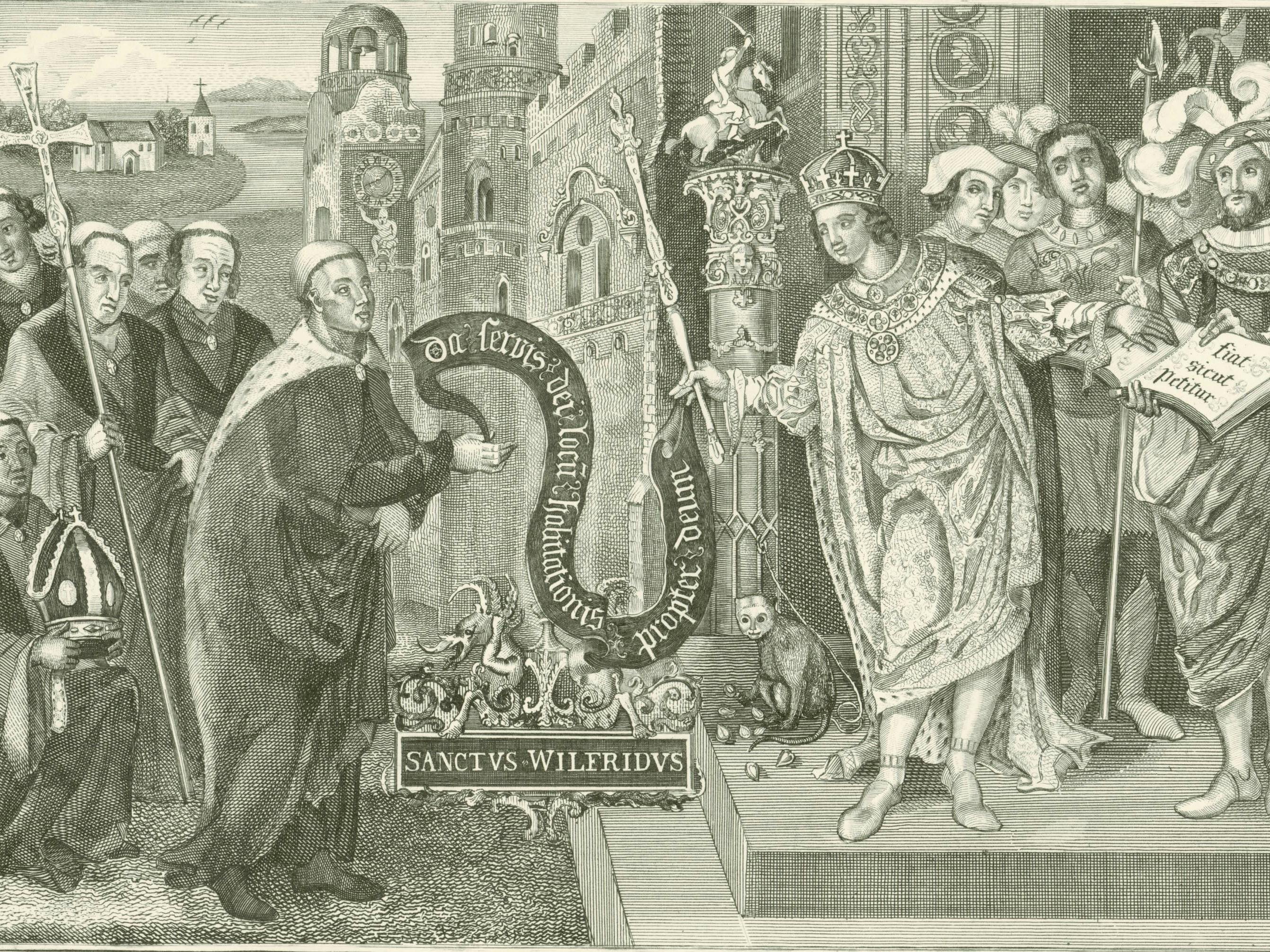 Black and white print reproduced of King Caedwalla granting land at Selsey