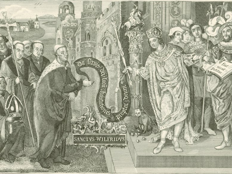 King Caedwalla granting land at Selsey, courtesy of West Sussex County Council Library Service PP/WSL/E000085 Black and white print reproduced of King Caedwalla granting land at Selsey