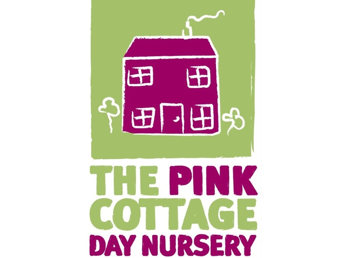 Logo for the Pink Cottage Day Nursery with a child like image of a pink house and trees with a lime green background