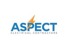 Logo of electrical contractors logo predominately blue with a lightning bolt through the P of aspect