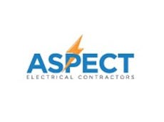 Logo of electrical contractors logo predominately blue with a lightning bolt through the P of aspect