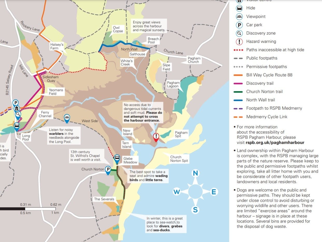 A map showing cycle routes, permissive footpaths around RSPB Pagham Harbour