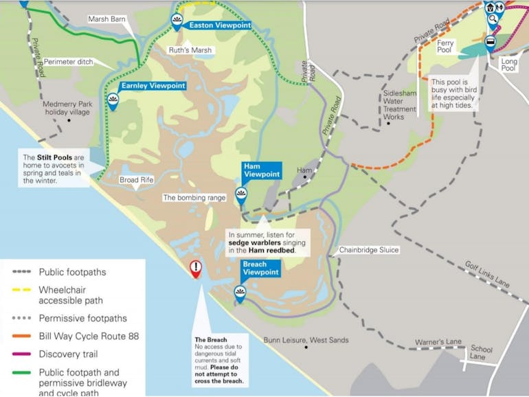 Medmerry cycle routes and permissive footpaths, courtesy of RSPB Image of a map of cycle routes and permissive footpaths in the RSPB Medmerry Nature Reserve