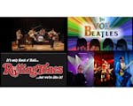 Montage of four images made up of the Rox Beatles perfoming and the Rolling Tones performing with the groups logos 