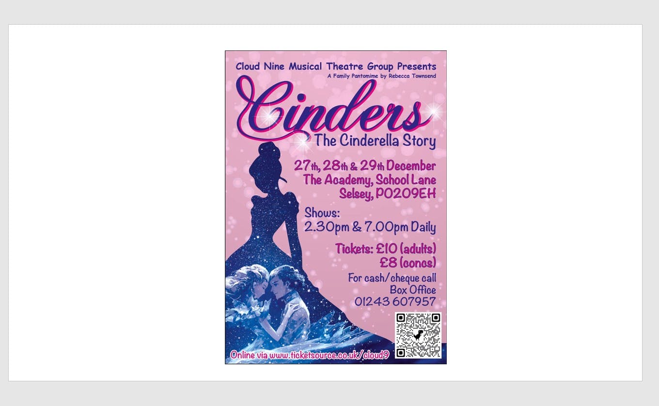 Promotional poster advertising Cinders pantomime 