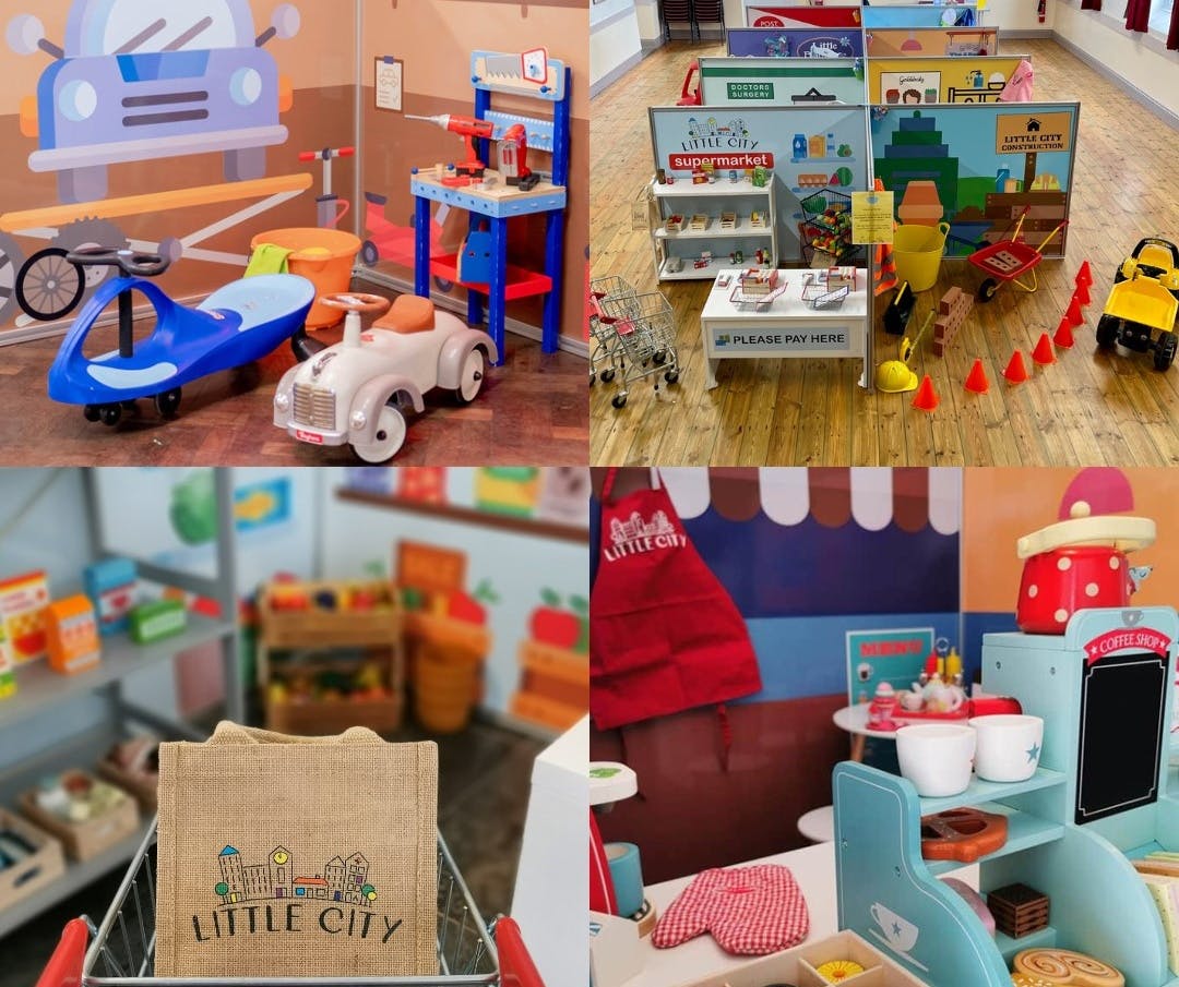Photo montage of children's play equipment including ride on vehicles and wooden shop counters set up by Little City South Downs 