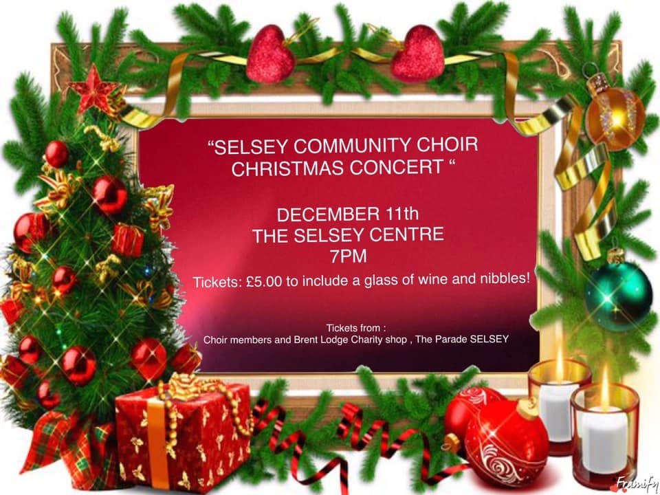 Advertisement for the Selsey Community Choir Christmas Concert image includes a christmas tree, presents, candles and baubles