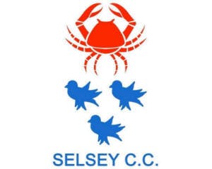 Selsey Cricket Club logo comprising an orange crab above three blue martlets