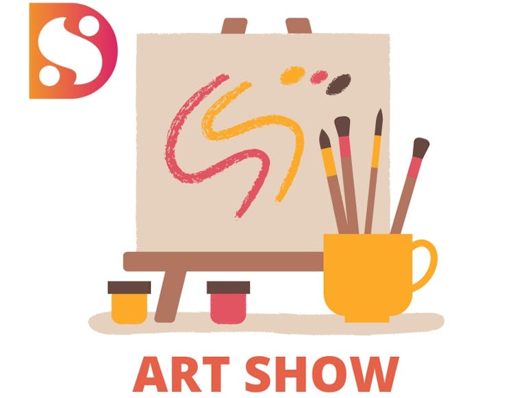 Art Show Easel, brushes and paint pots. Art Show.