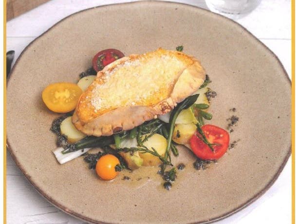 Crab Gratin with new potatoes, chicory and sea vegetable salad