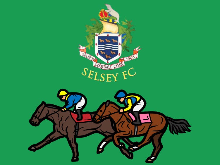 Selsey football club logo above cartoon of two horses racing