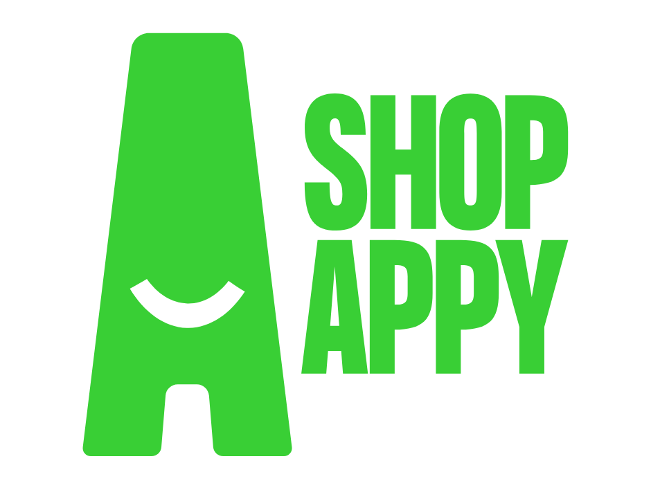 Shopappy logo - a large green A with a smiling face followed by the words shop appy