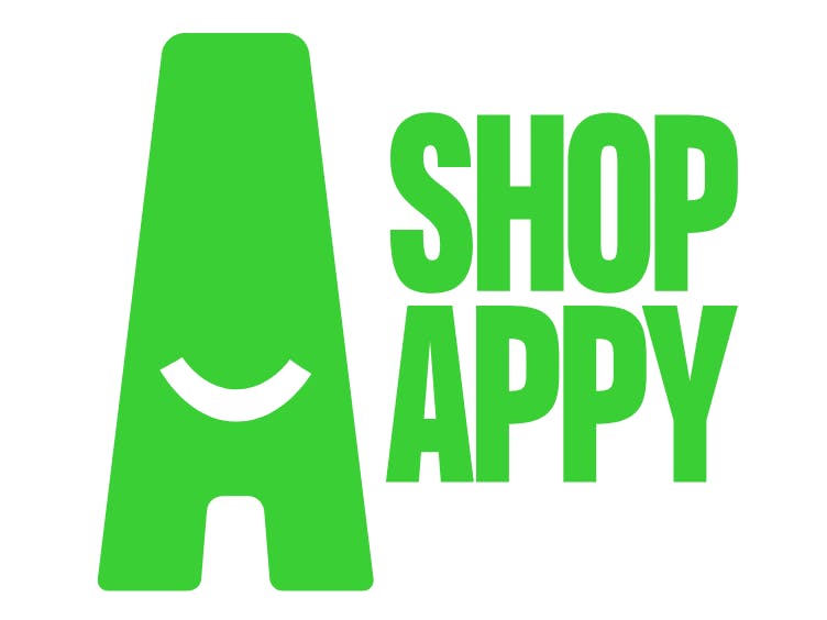 Shopappy logo - a large green A with a smiling face followed by the words shop appy
