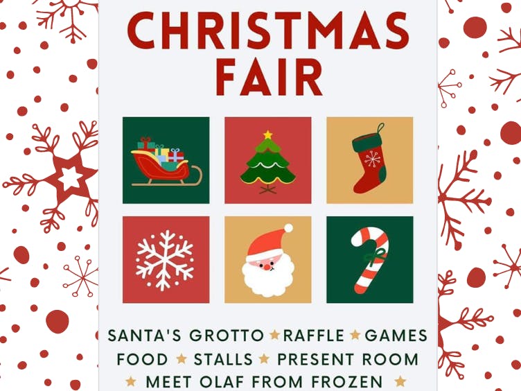Christmas Fair, Santa's Grotto, Raffle, Games, Food, Stalls, Present Room, Meet Olaf From Frozen.
