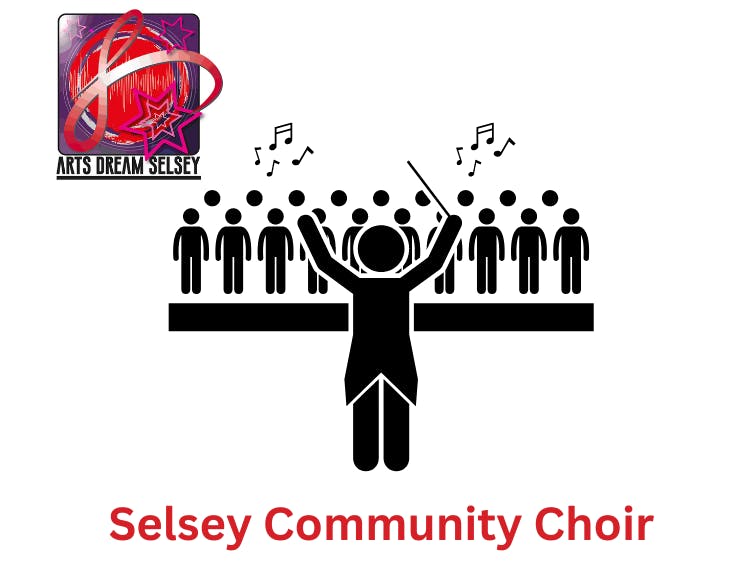 Selsey Community Choir Cartoon outline of a group singing, being led by a person with a baton