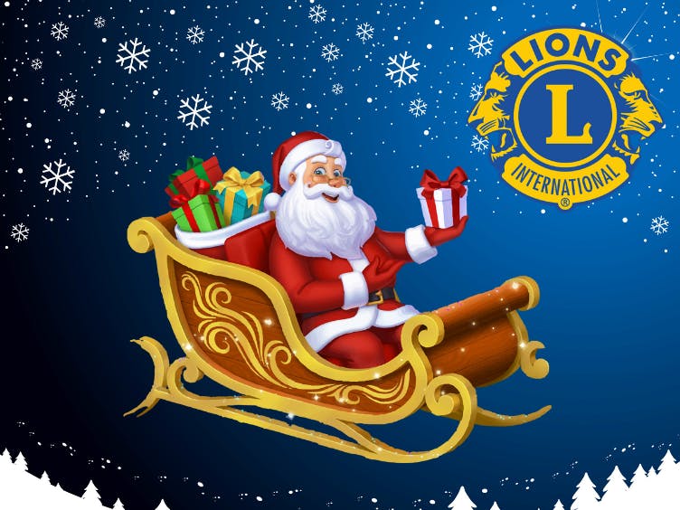 A snowly night time background, fronted by Santa on his sleigh and the Selsey and District Lions logo in the top right corner