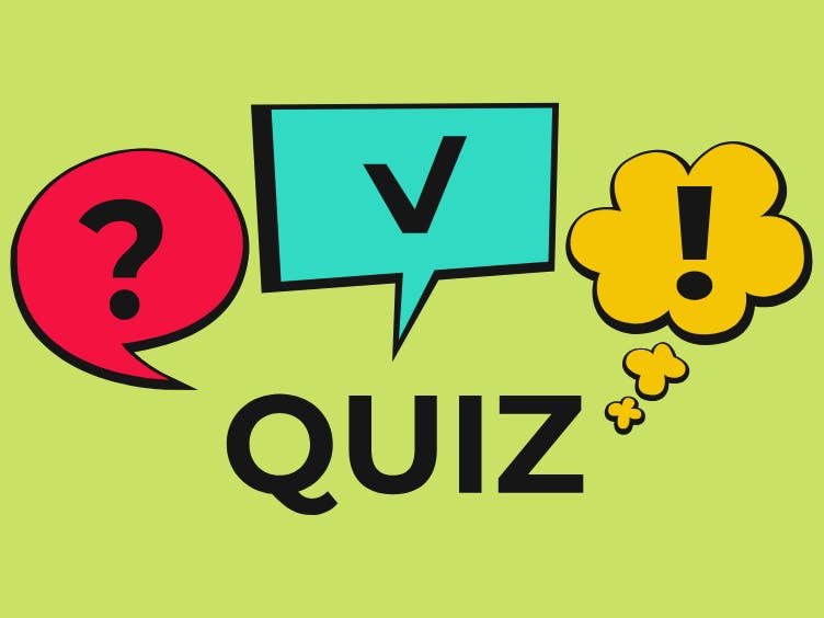 Quiz Green background, pink speach bubble with a question mark, blue speach bubble with a tick and yellow thought bubble with an exclamation mark. In the middle is the word quiz