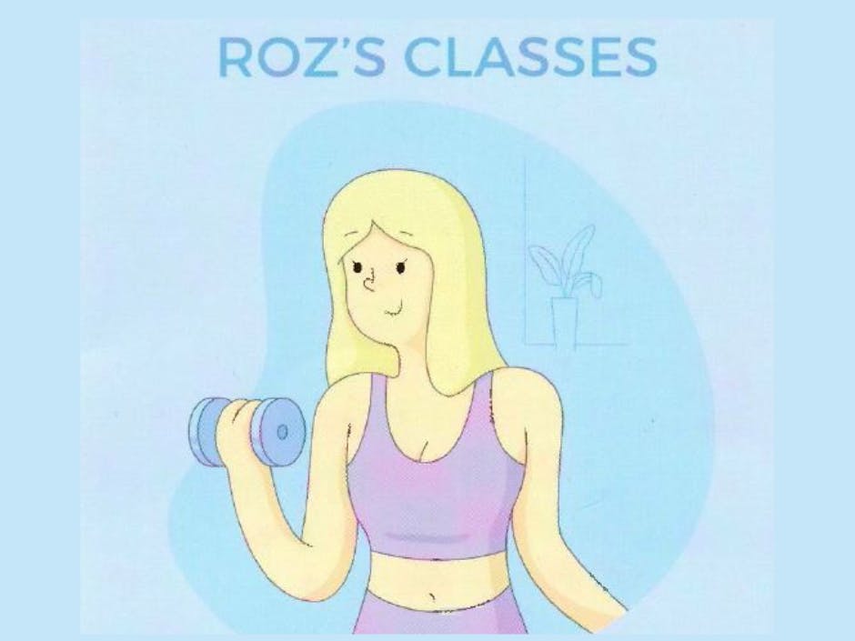 Graphic of a person lifiting a hand weight. Roz's Classes.