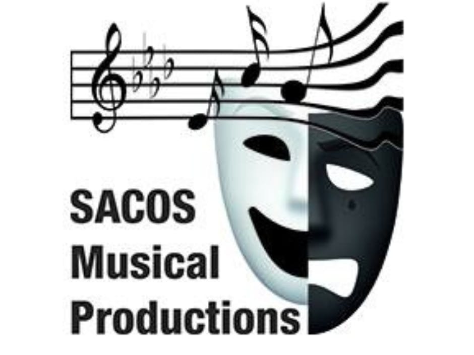 Musical notes, a black and white theatre mask and the words 'SACOS Musical Productions'
