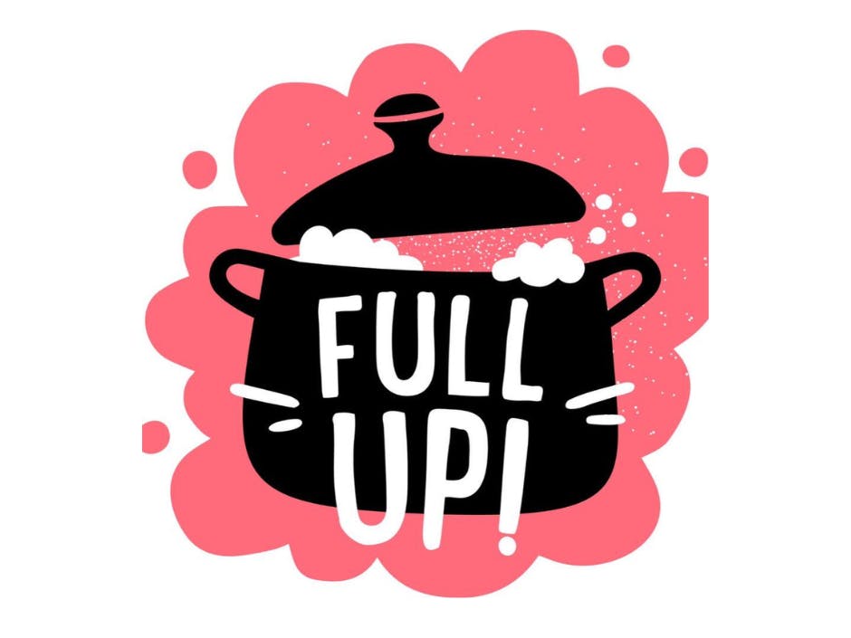 Logo showing pink bubble backgroup with a black cooking pot and the words 'full up'
