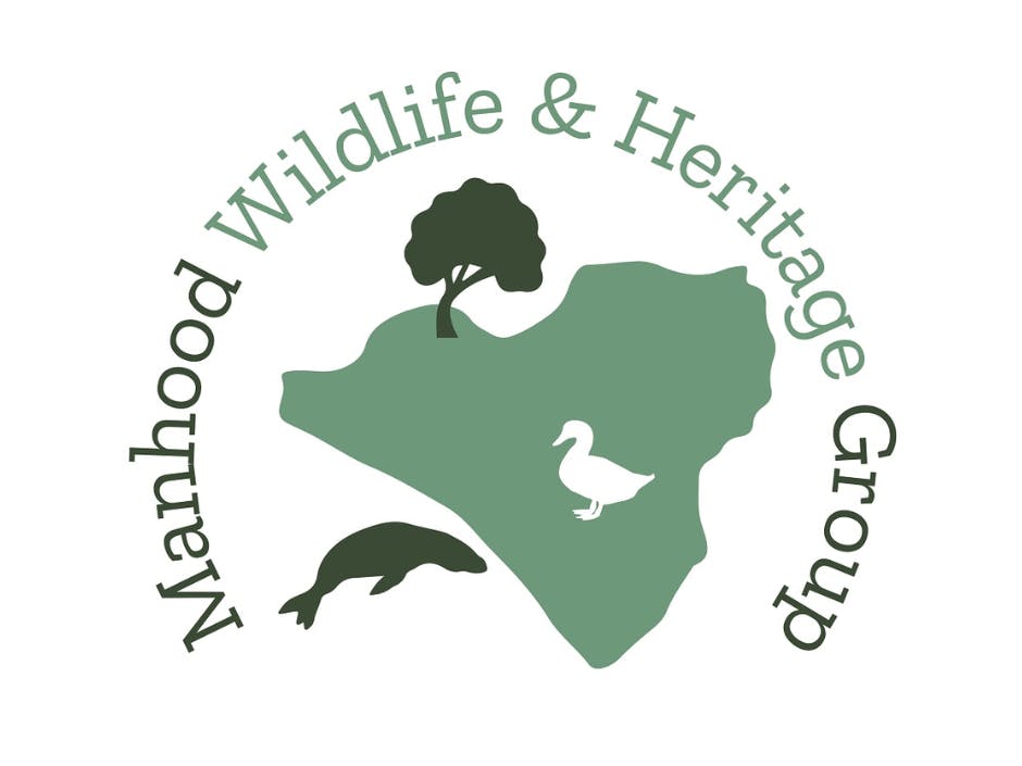 Manhood Wildlife and Heritage Group. Logo showing the outline of the Manhood Penninsular complete with a tree, a duck and a seal