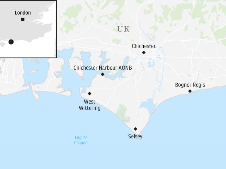 Map of Selsey area Map showing the location of Selsey in relation to London, Chichester and West Wittering