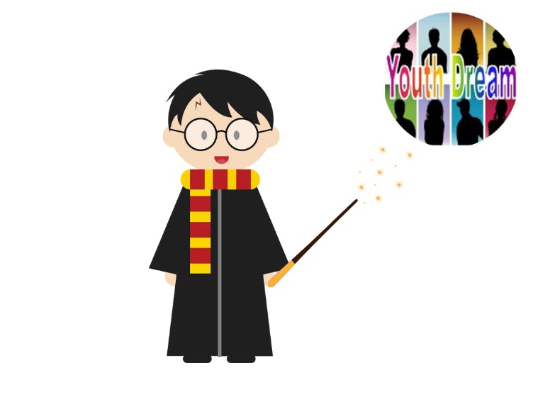 Graphic of boy dressed in a wizards cloak with stripey scarf, wearing glasses and holding a wand. Lighting bolt shaped scar on his forehead.