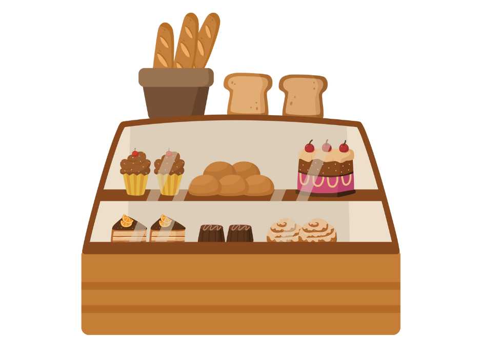 Illustration of a bakery counter with bread and cakes