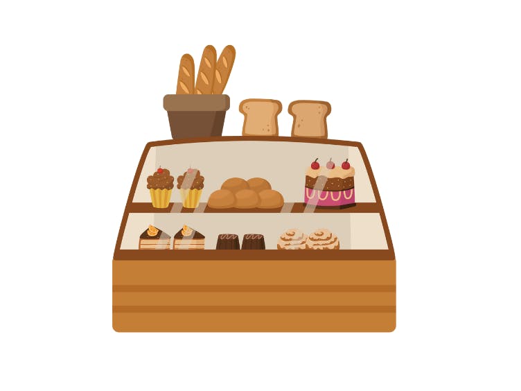 Illustration of a bakery counter with bread and cakes
