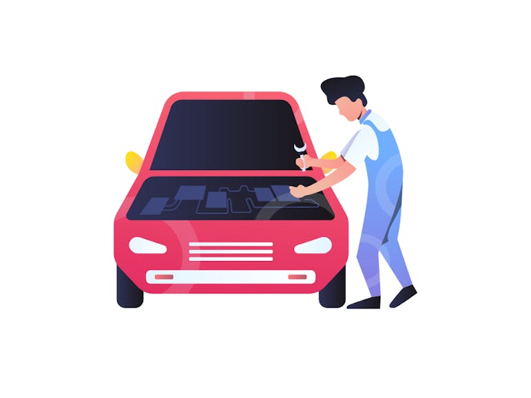 Gargae Illustration of a mechanic looking under a car bonnet