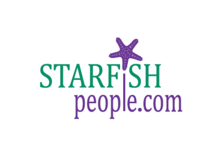 Starfish People Logo Starfish People logo made up of green and purple writing with a purple starfish