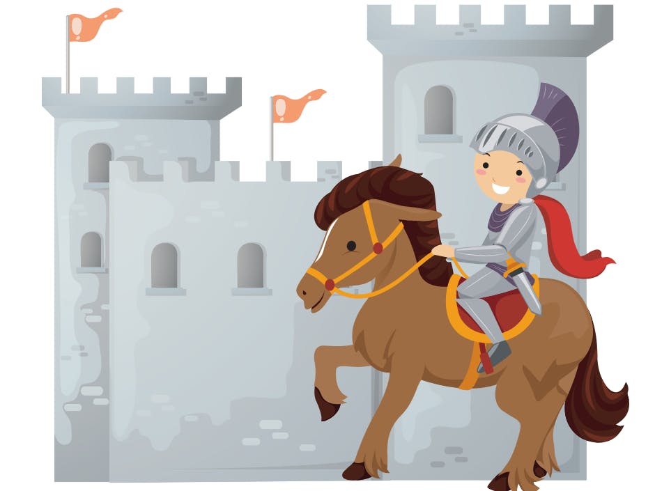 Illustration of a person in amour, on a horse, in front of a castle.