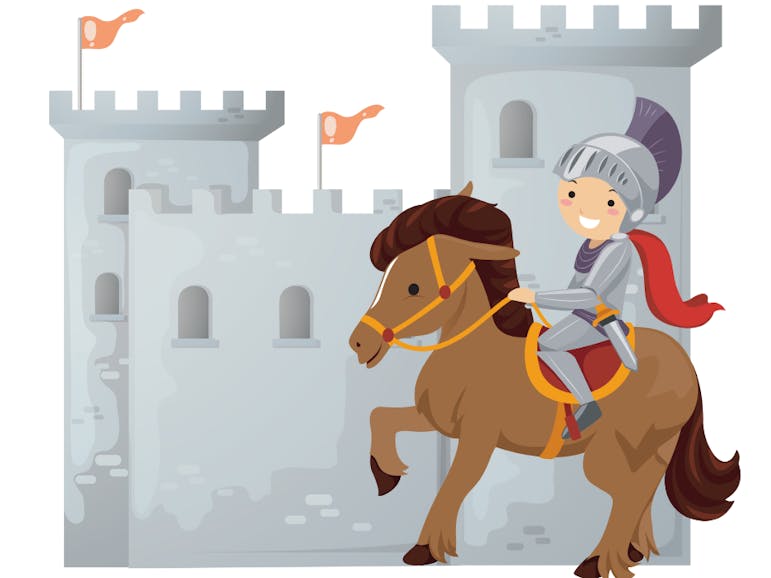 The Giant on horse Illustration of a person in amour, on a horse, in front of a castle.