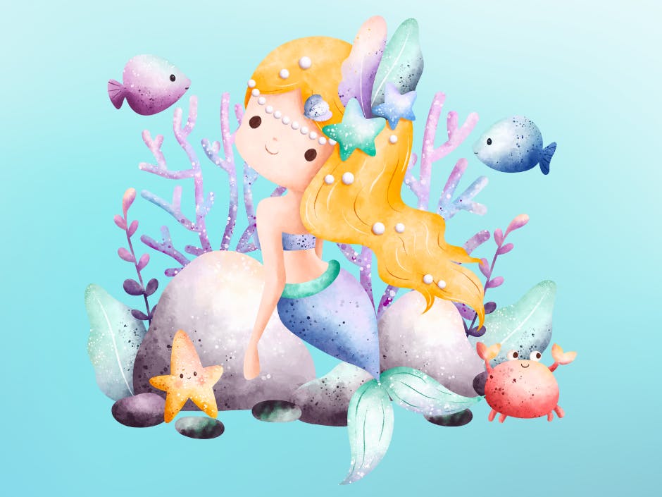 Illustration of a mermaid, under the sea, surrounded by fish, star fiah and a crab